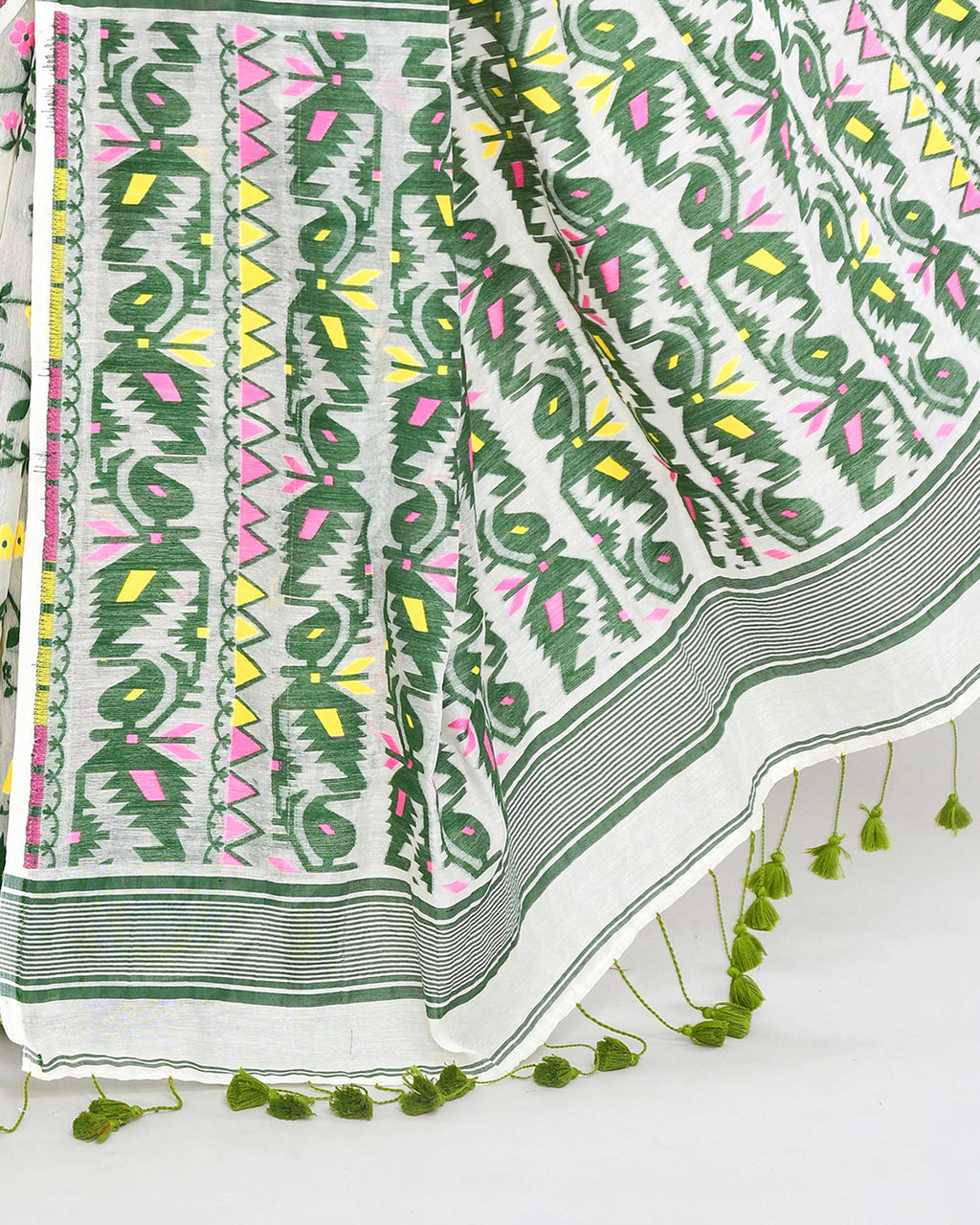 Piyari Fashion Women's Off White Green Cotton Silk Jamdani Saree - Distacart