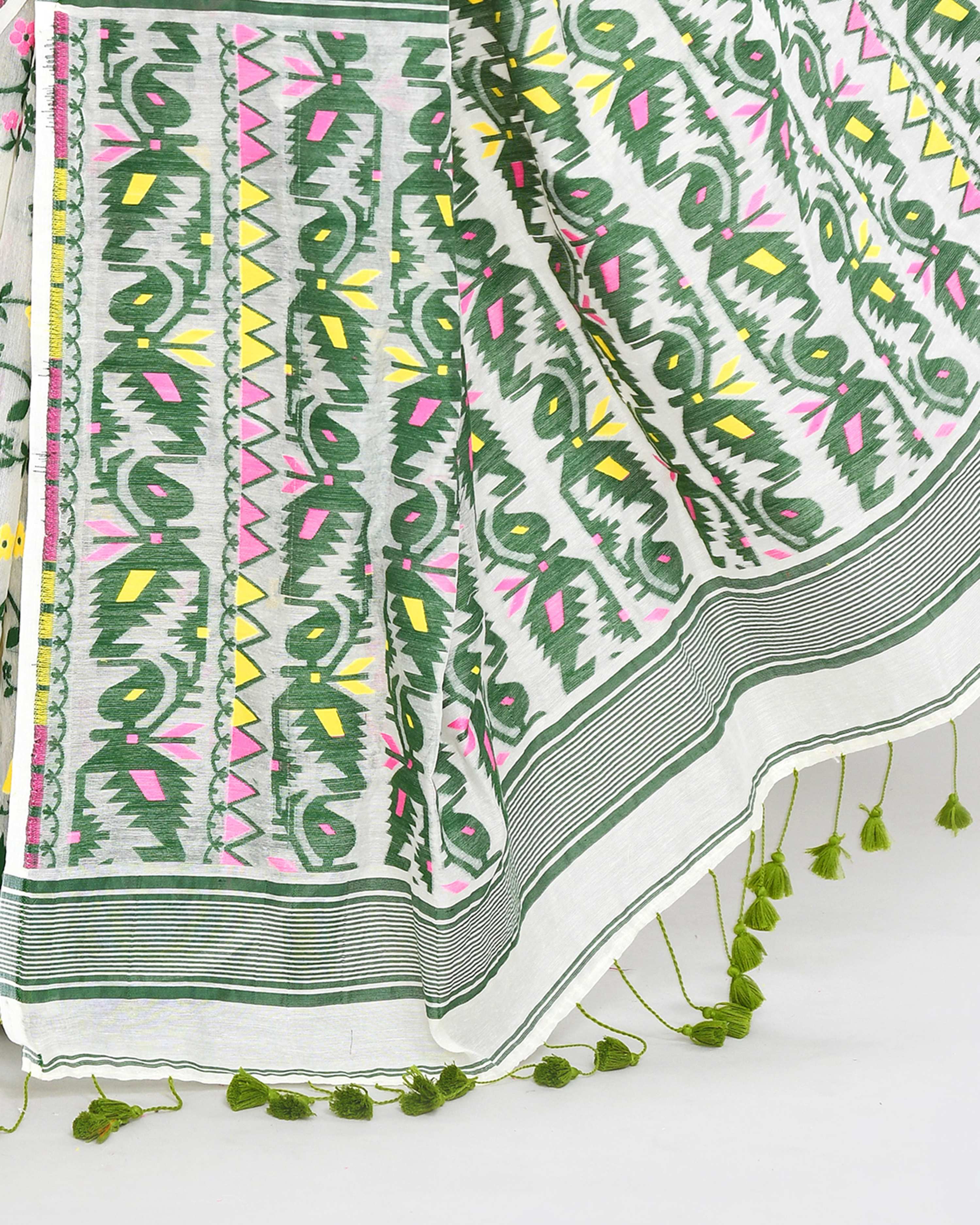 Piyari Fashion Women's Off White Green Cotton Silk Jamdani Saree - Distacart