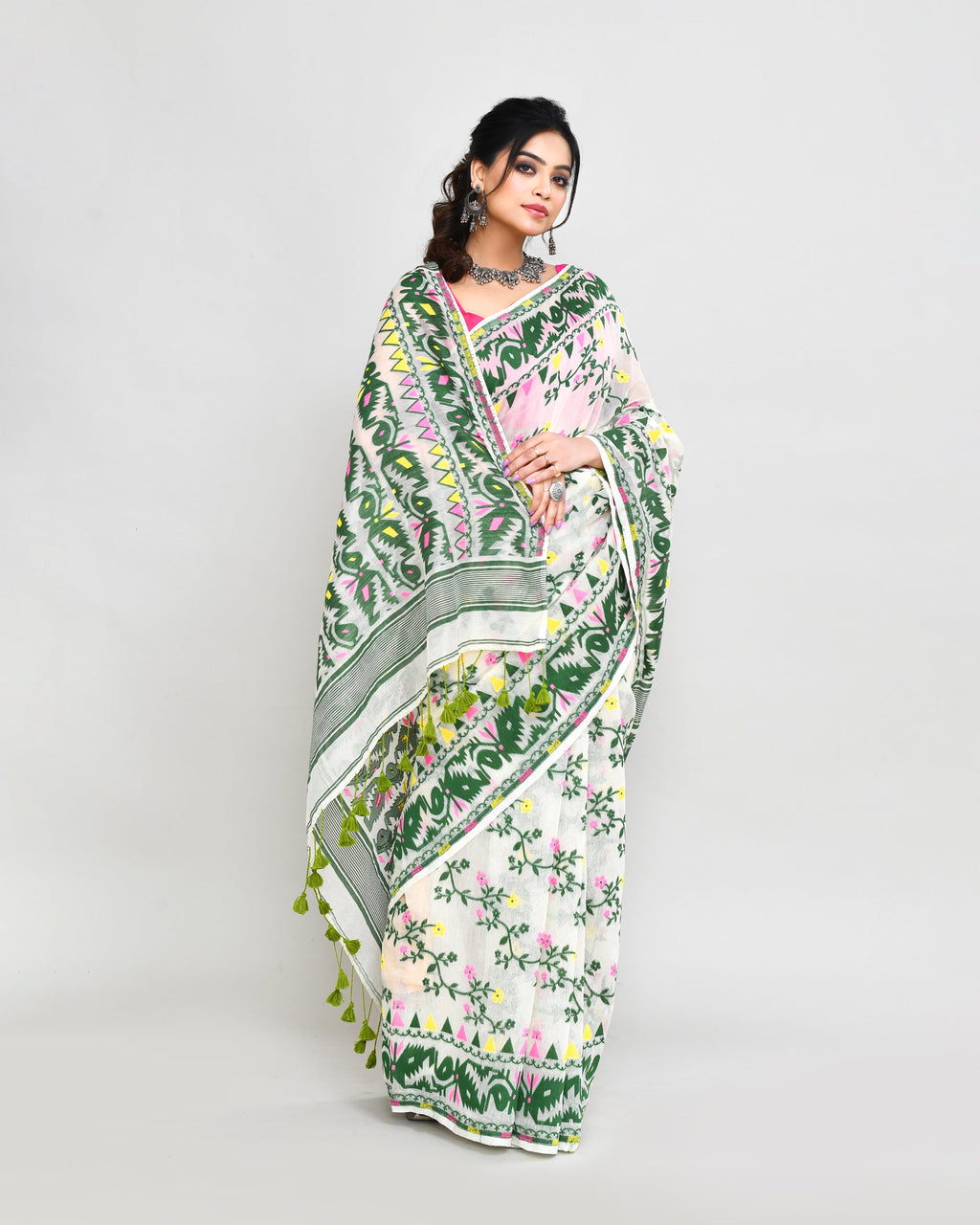 Piyari Fashion Women's Off White Green Cotton Silk Jamdani Saree - Distacart