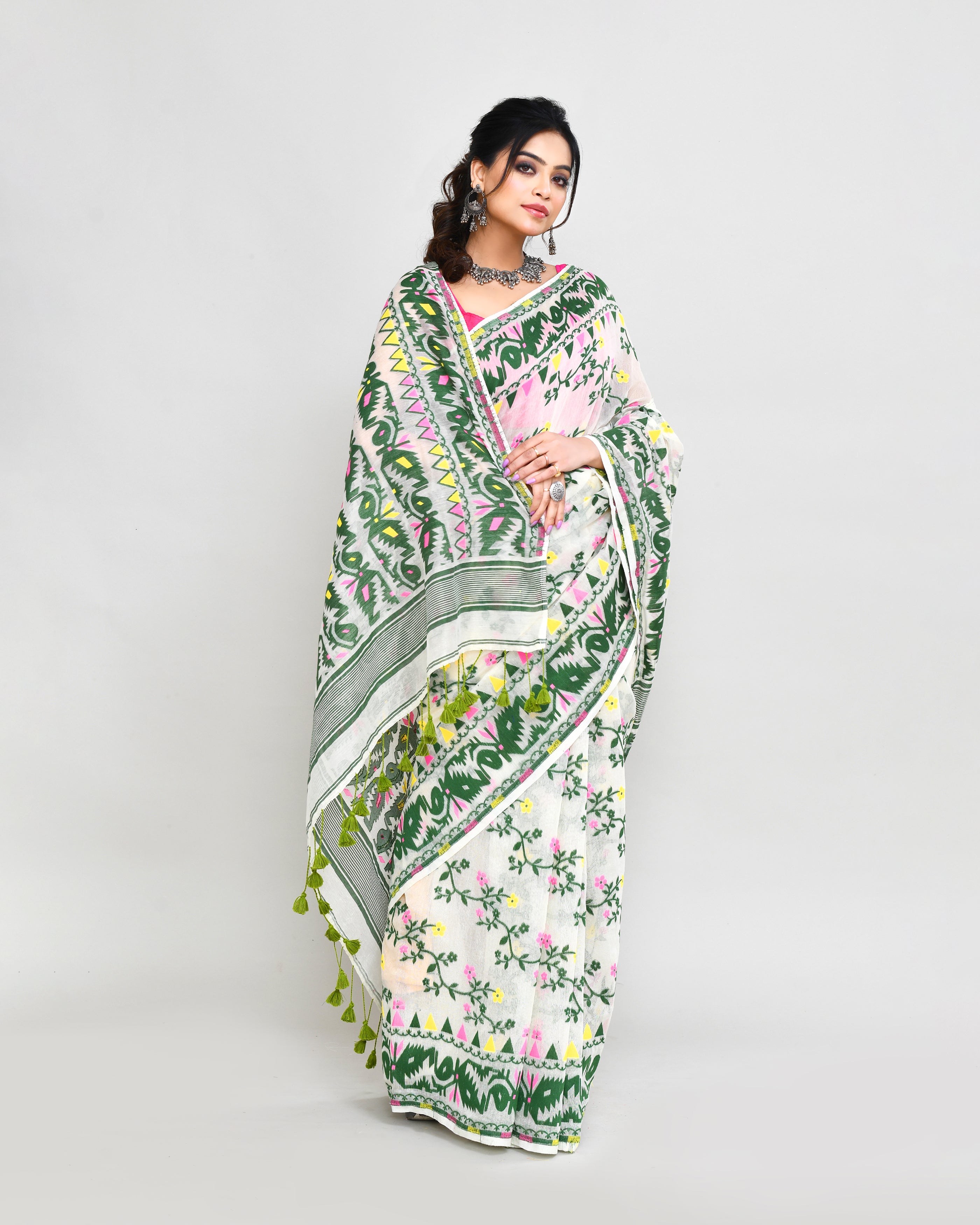 Piyari Fashion Women's Off White Green Cotton Silk Jamdani Saree - Distacart