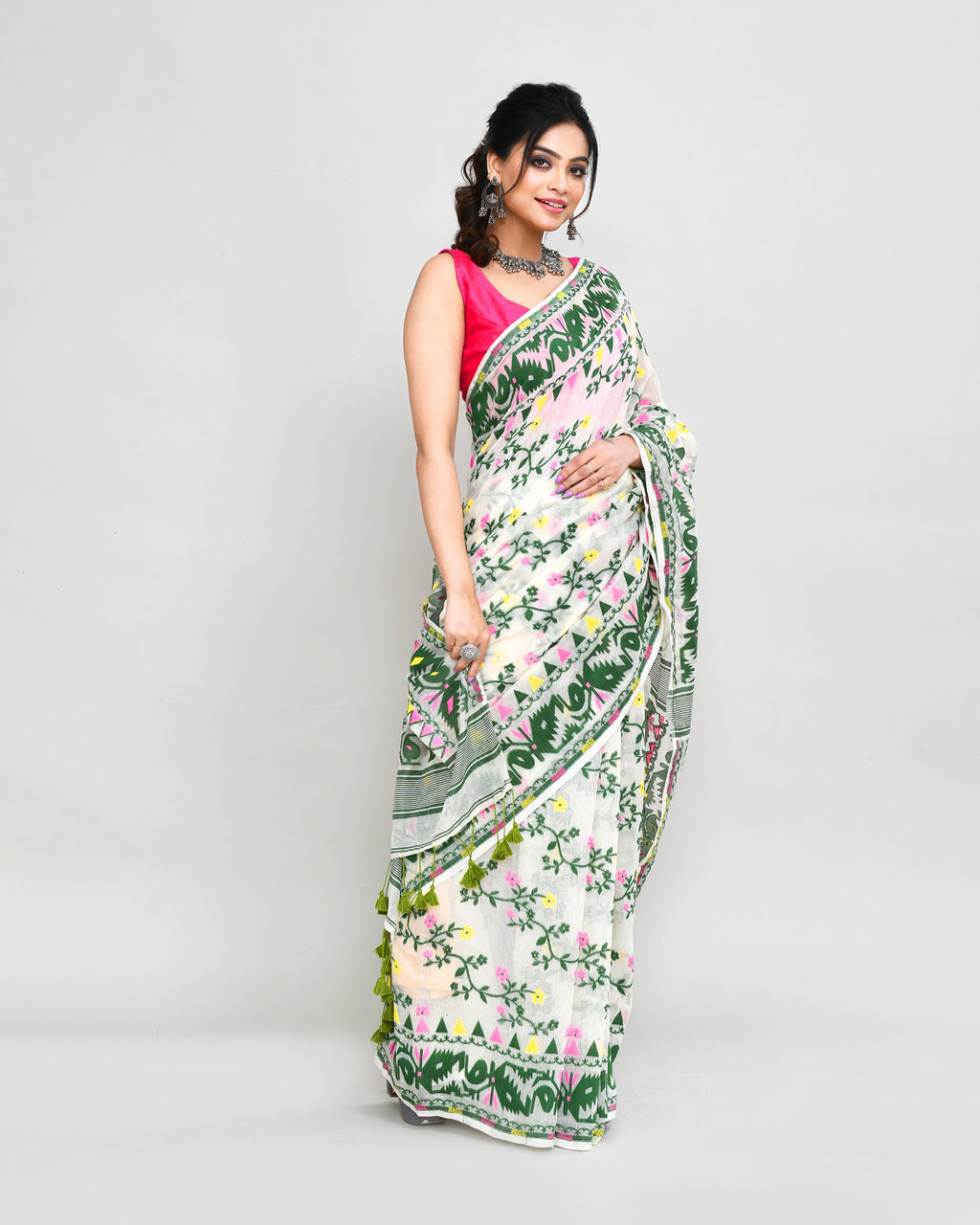 Piyari Fashion Women's Off White Green Cotton Silk Jamdani Saree - Distacart