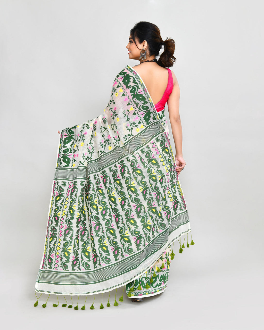 Piyari Fashion Women's Off White Green Cotton Silk Jamdani Saree - Distacart
