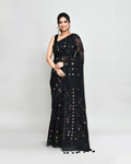 Piyari Fashion Women's Black Cotton Silk Jamdani Saree With Tassels - Distacart