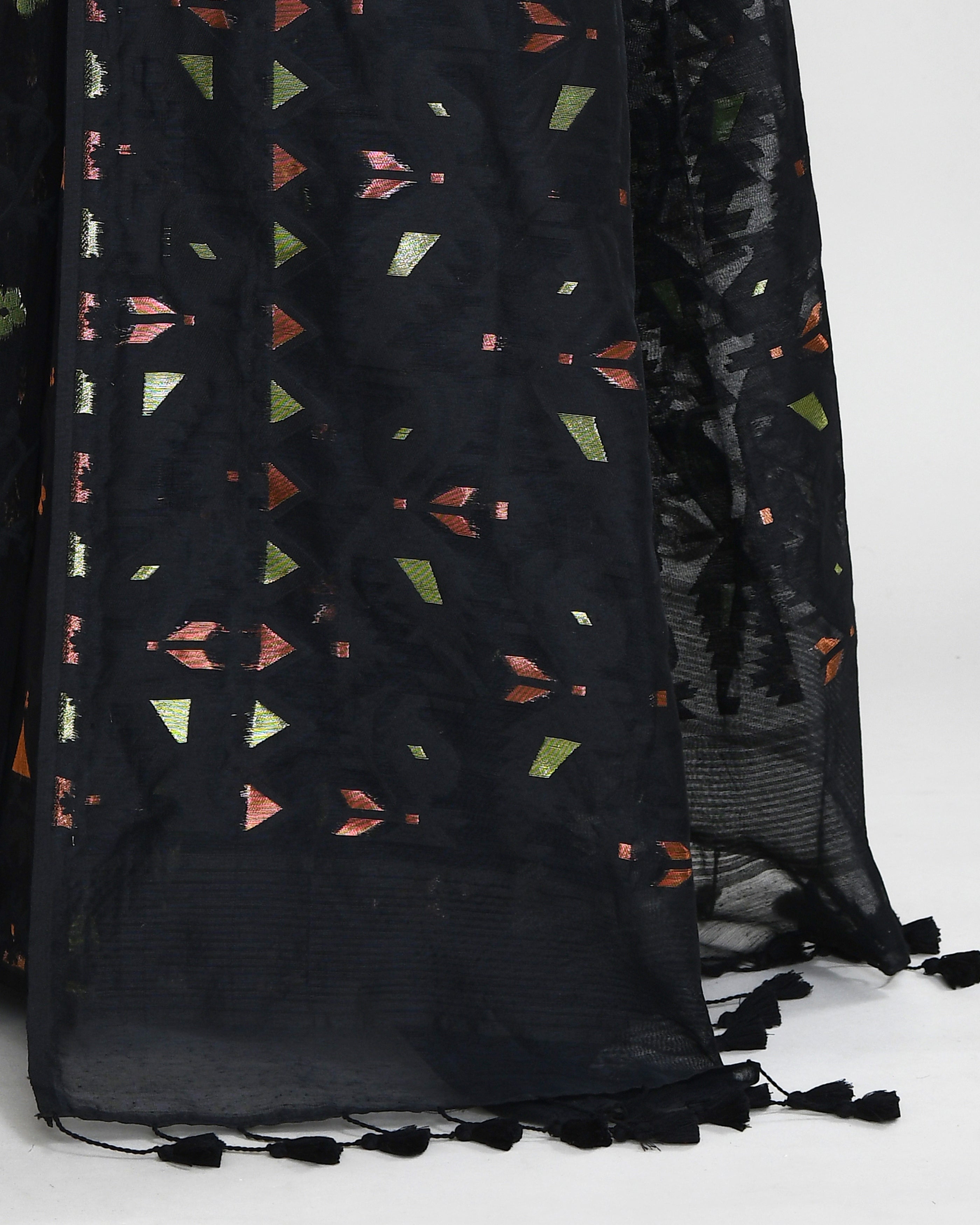 Piyari Fashion Women's Black Cotton Silk Jamdani Saree With Tassels - Distacart