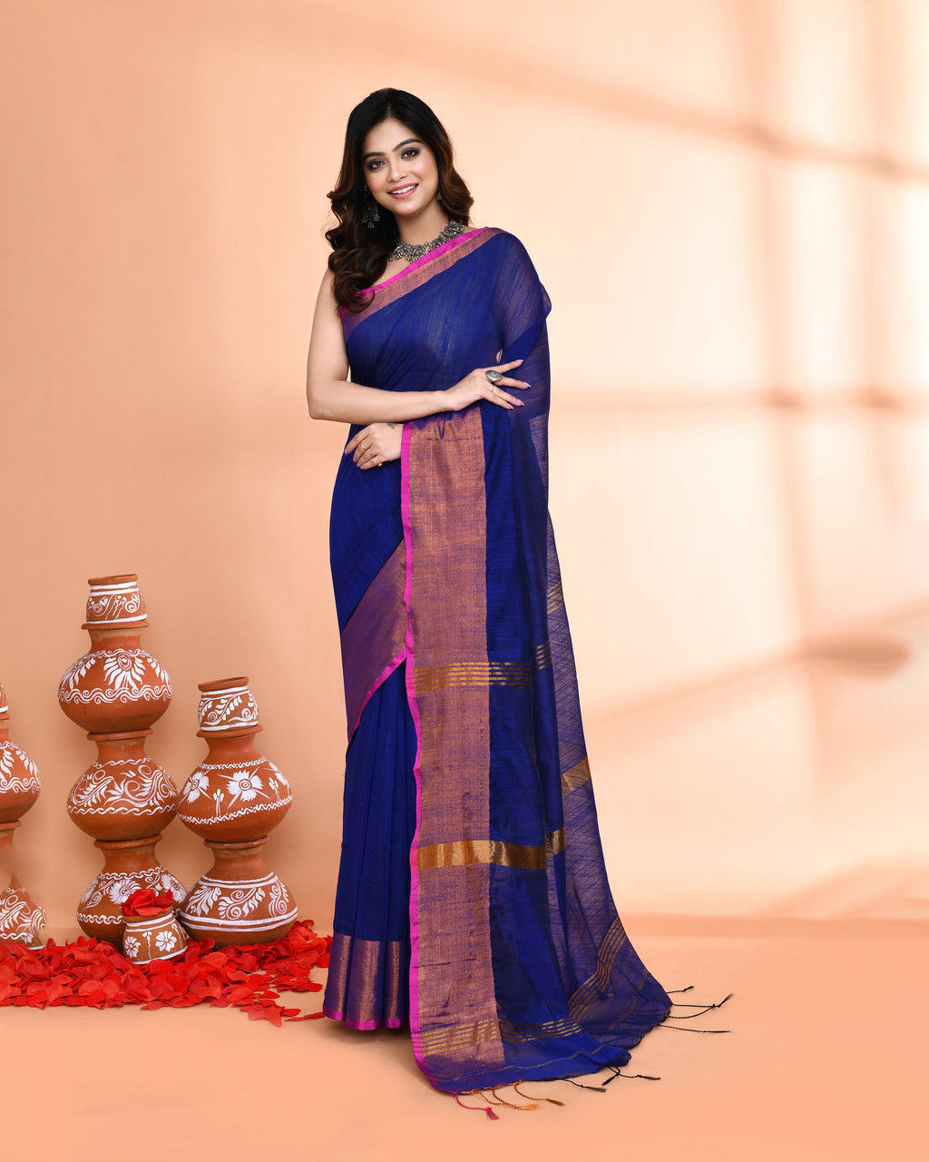 Piyari Fashion Women`s Cotton Silk Royel Blue Handloom Saree With Blouse - Distacart
