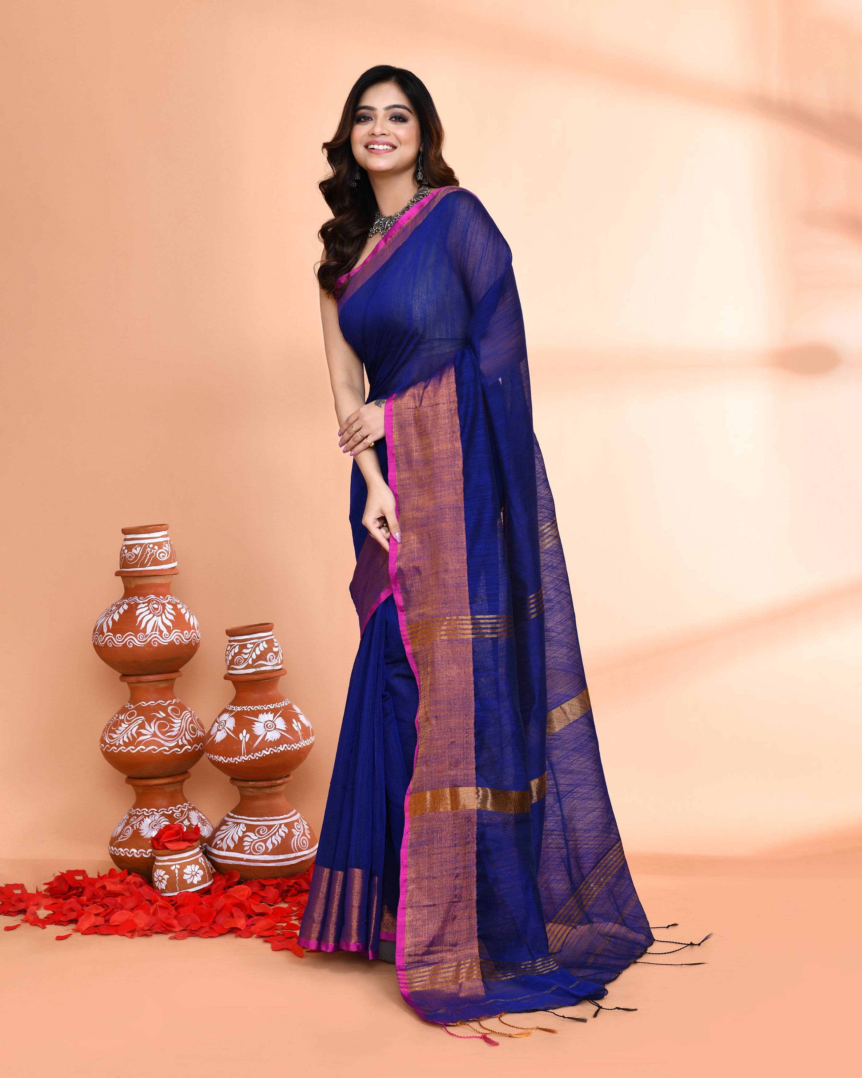 Piyari Fashion Women`s Cotton Silk Royel Blue Handloom Saree With Blouse - Distacart