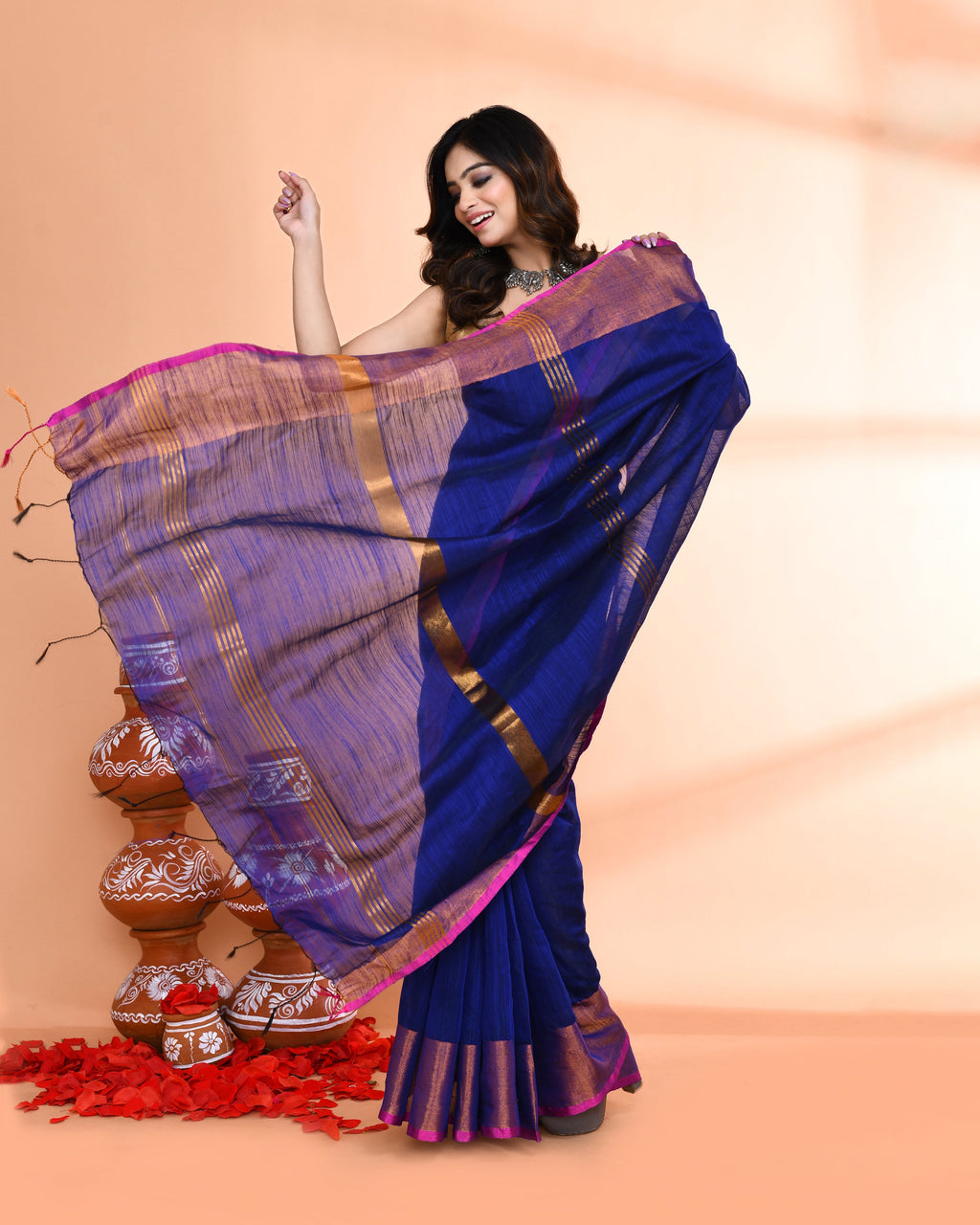 Piyari Fashion Women`s Cotton Silk Royel Blue Handloom Saree With Blouse - Distacart