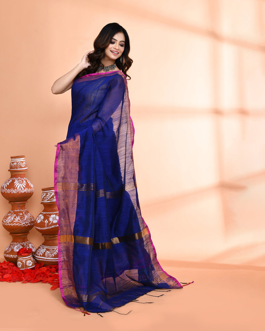 Piyari Fashion Women`s Cotton Silk Royel Blue Handloom Saree With Blouse - Distacart