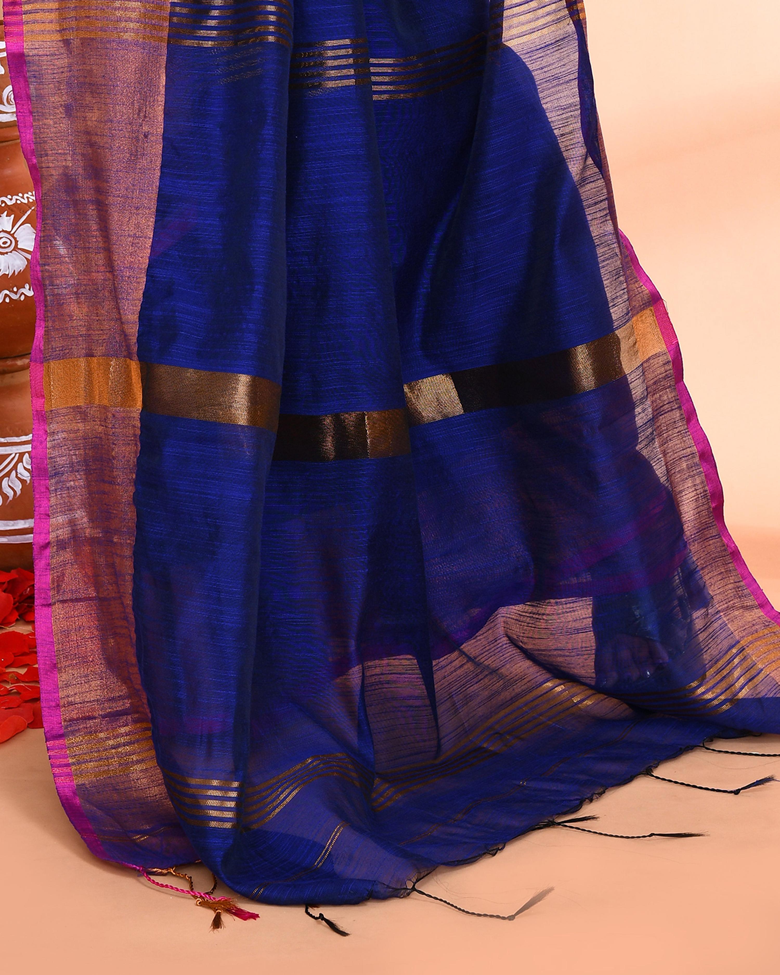 Piyari Fashion Women`s Cotton Silk Royel Blue Handloom Saree With Blouse - Distacart
