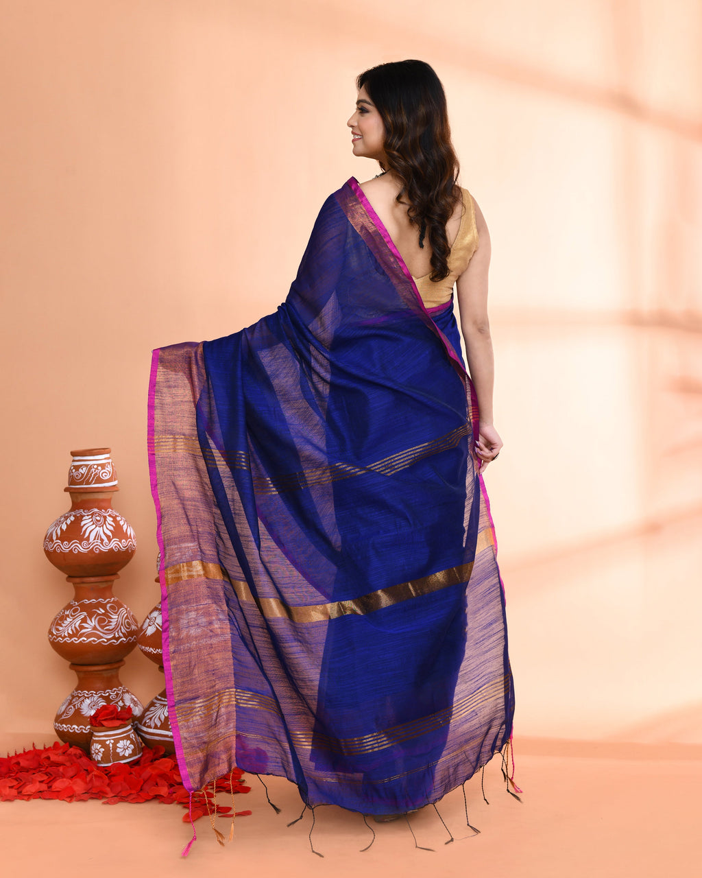Piyari Fashion Women`s Cotton Silk Royel Blue Handloom Saree With Blouse - Distacart