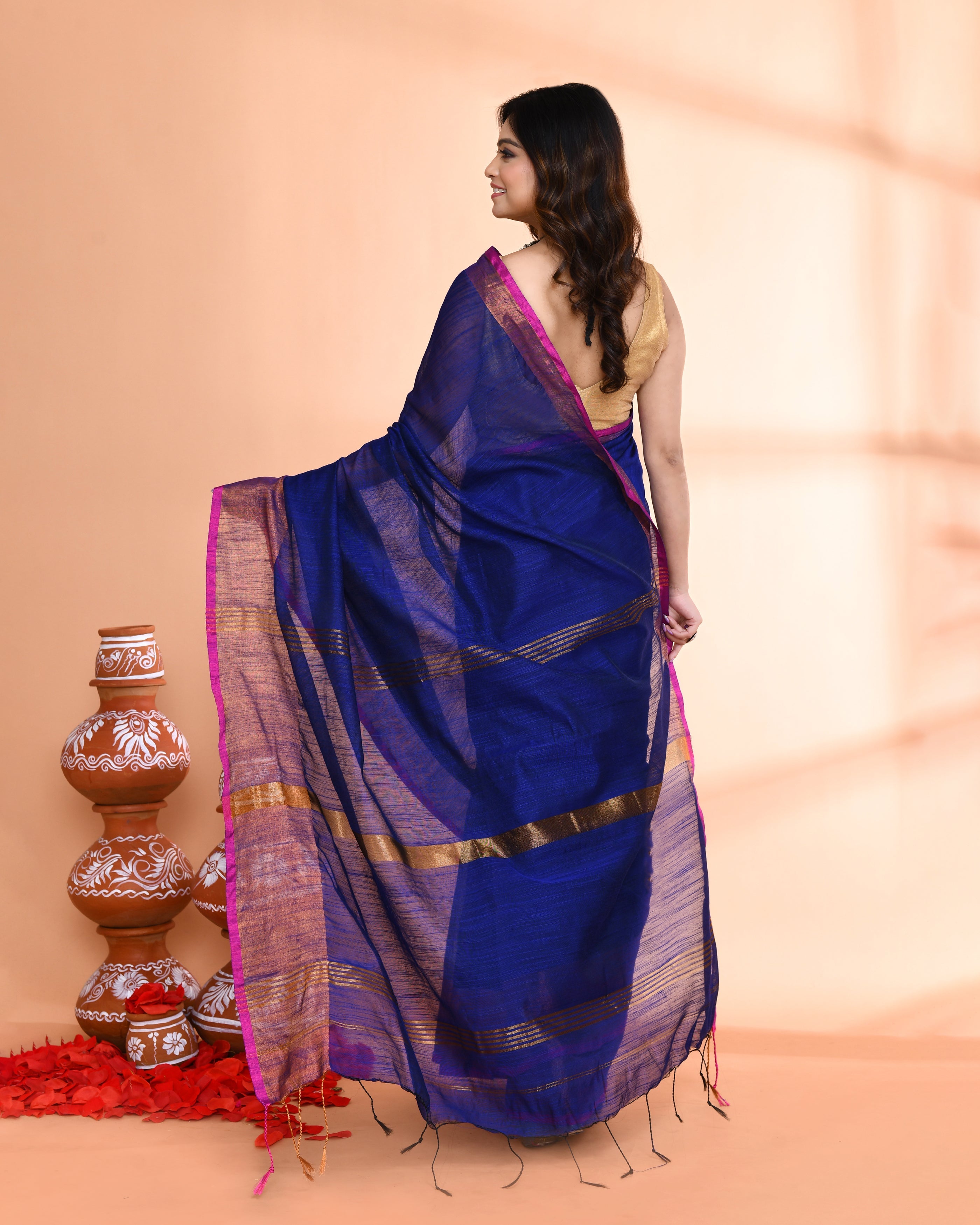 Piyari Fashion Women`s Cotton Silk Royel Blue Handloom Saree With Blouse - Distacart