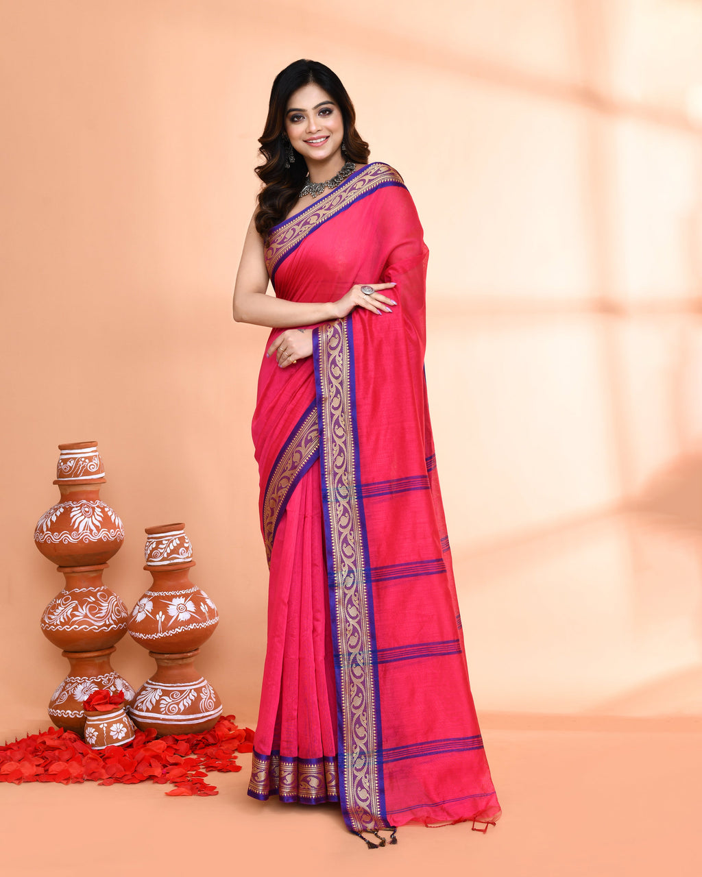 Piyari Fashion Women`s Cotton Silk Rose Handloom Saree With Blouse - Distacart