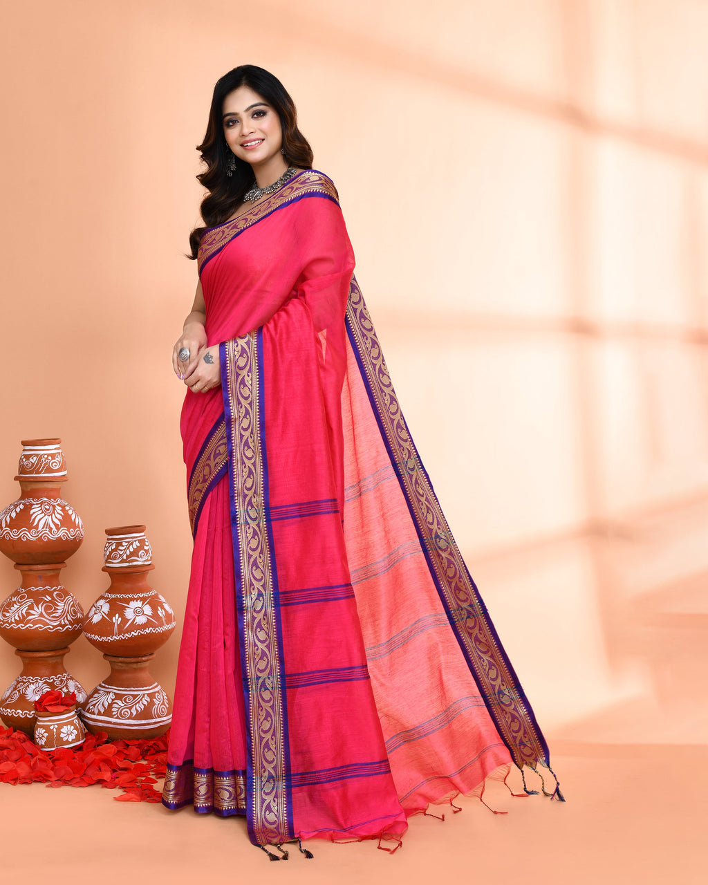 Piyari Fashion Women`s Cotton Silk Rose Handloom Saree With Blouse - Distacart
