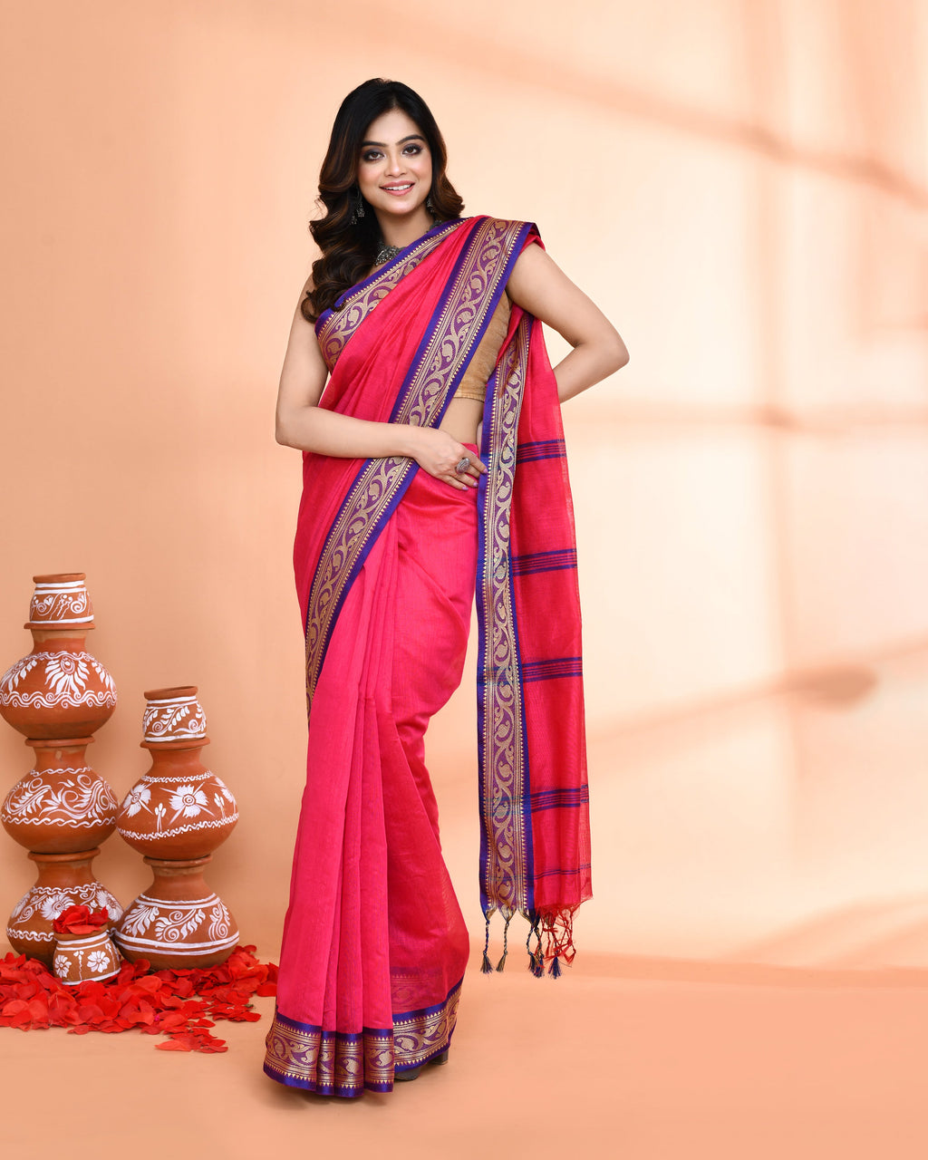 Piyari Fashion Women`s Cotton Silk Rose Handloom Saree With Blouse - Distacart