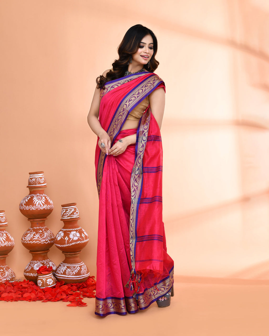Piyari Fashion Women`s Cotton Silk Rose Handloom Saree With Blouse - Distacart