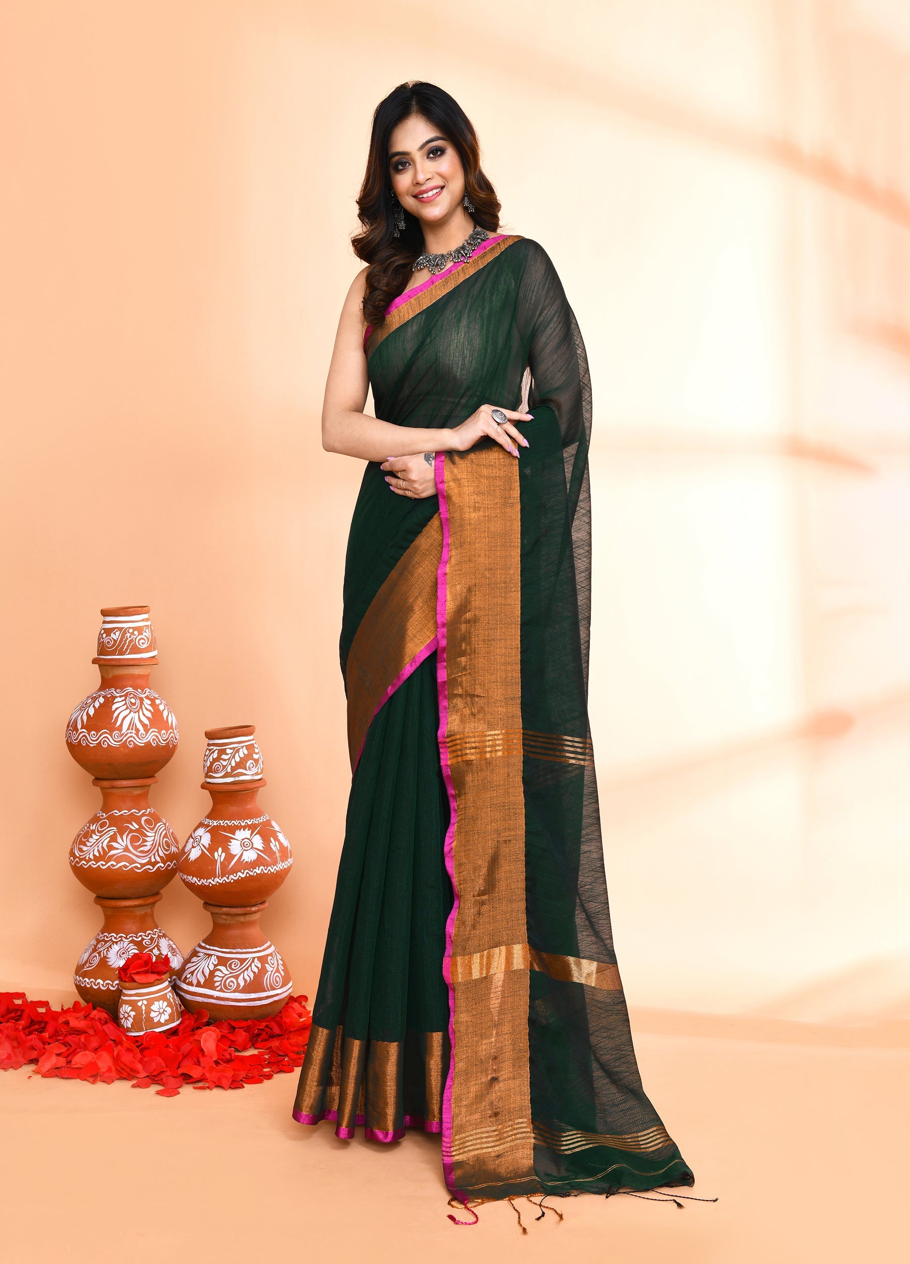Piyari Fashion Women`s Cotton Blend Dark Green Handloom Saree With Blouse - Distacart