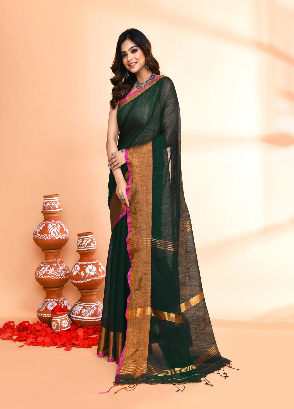 Piyari Fashion Women`s Cotton Blend Dark Green Handloom Saree With Blouse - Distacart