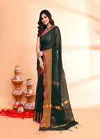 Piyari Fashion Women`s Cotton Blend Dark Green Handloom Saree With Blouse - Distacart