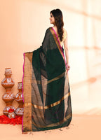 Piyari Fashion Women`s Cotton Blend Dark Green Handloom Saree With Blouse - Distacart