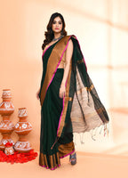 Piyari Fashion Women`s Cotton Blend Dark Green Handloom Saree With Blouse - Distacart