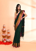 Piyari Fashion Women`s Cotton Blend Dark Green Handloom Saree With Blouse - Distacart