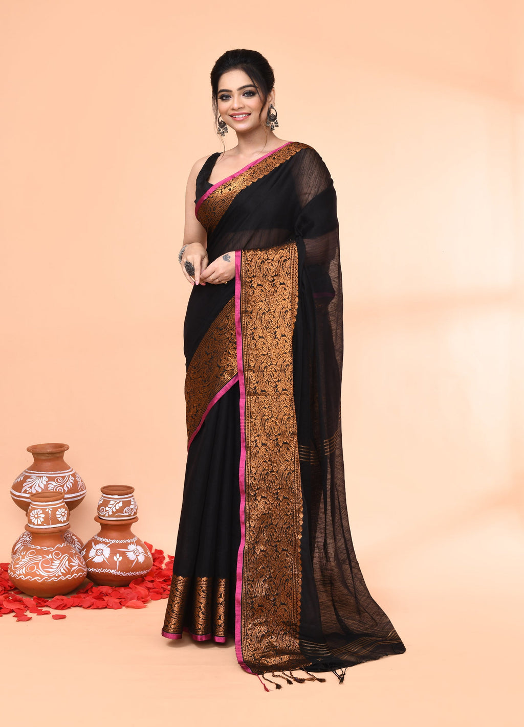 Piyari Fashion Women`s Cotton Blend Black Handloom Saree With Blouse - Distacart