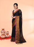 Piyari Fashion Women`s Cotton Blend Black Handloom Saree With Blouse - Distacart