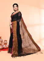 Piyari Fashion Women`s Cotton Blend Black Handloom Saree With Blouse - Distacart