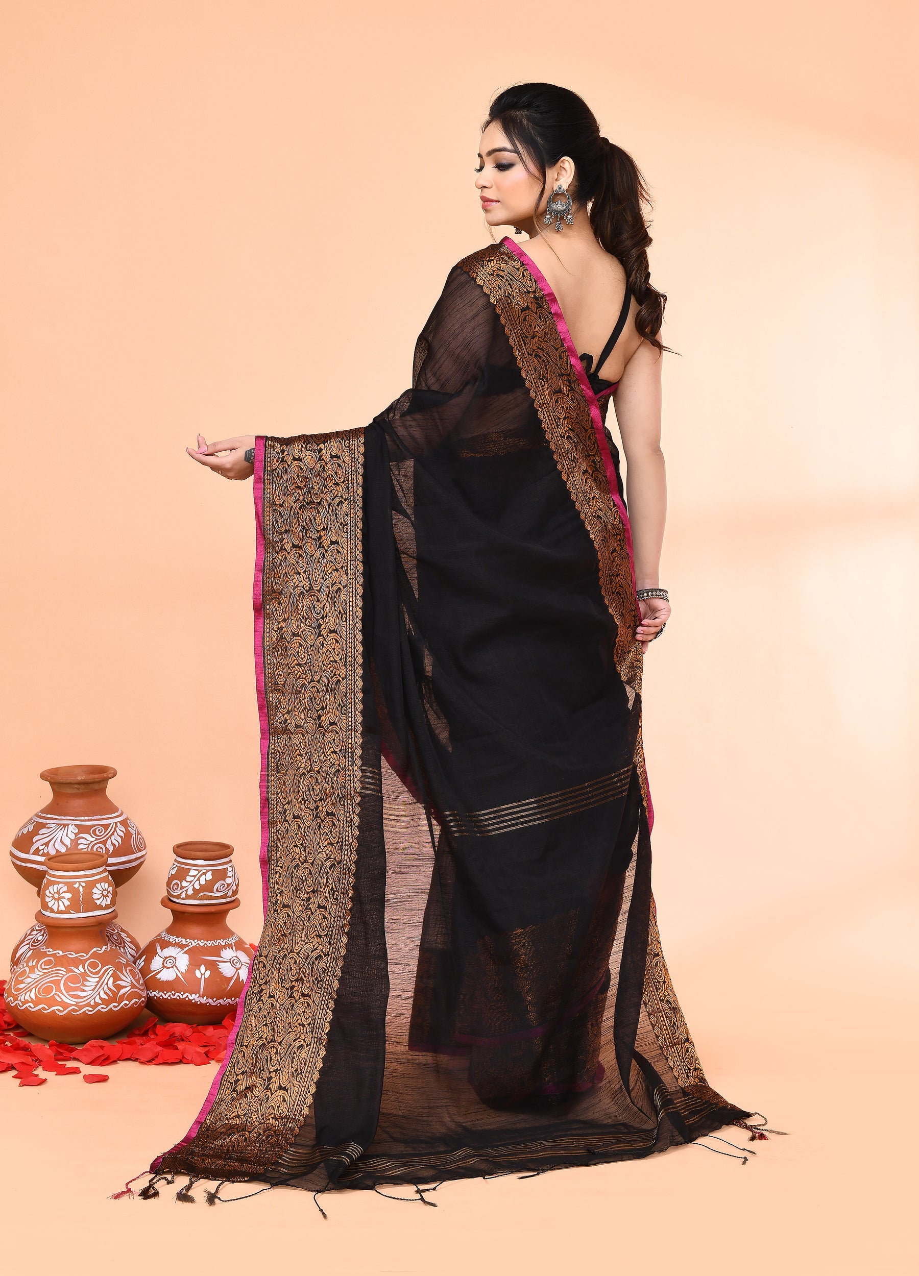 Piyari Fashion Women`s Cotton Blend Black Handloom Saree With Blouse - Distacart