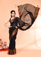 Piyari Fashion Women`s Cotton Blend Black Handloom Saree With Blouse - Distacart
