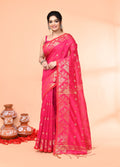Piyari Fashion Women`s Cotton Blend Rani Handloom Saree With Blouse - Distacart