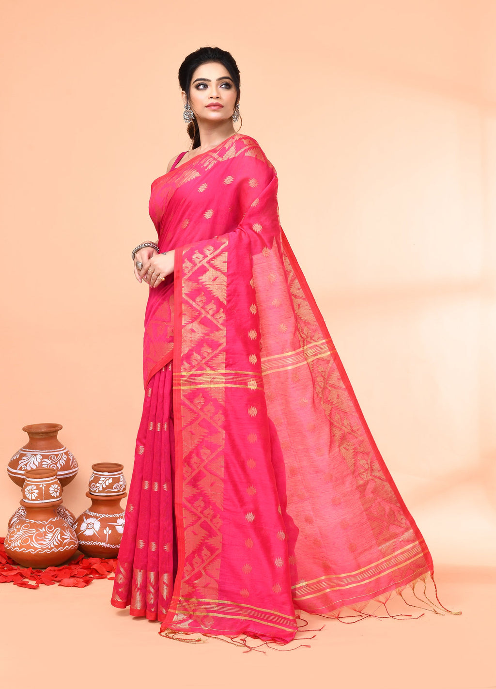 Piyari Fashion Women`s Cotton Blend Rani Handloom Saree With Blouse - Distacart