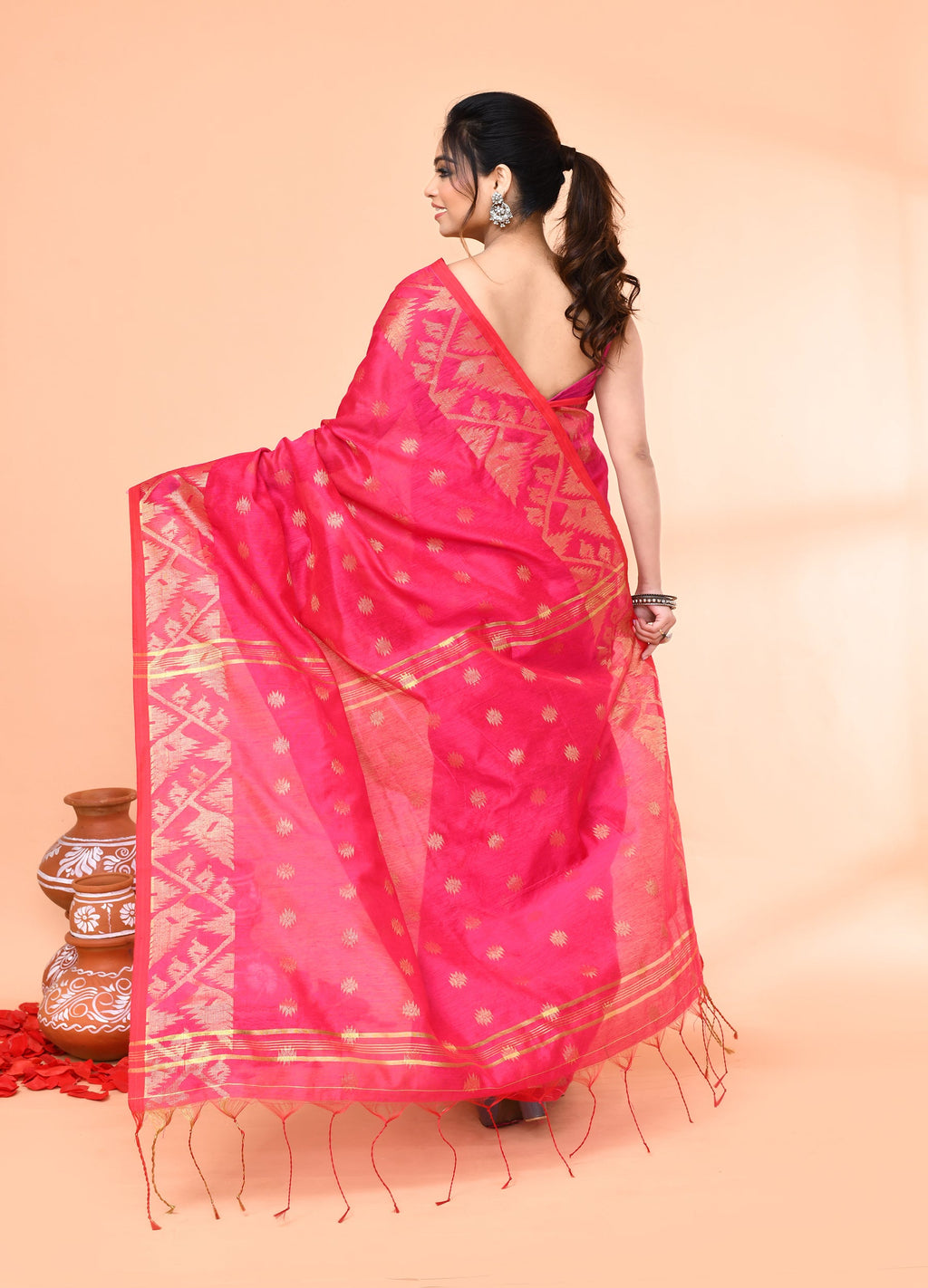Piyari Fashion Women`s Cotton Blend Rani Handloom Saree With Blouse - Distacart