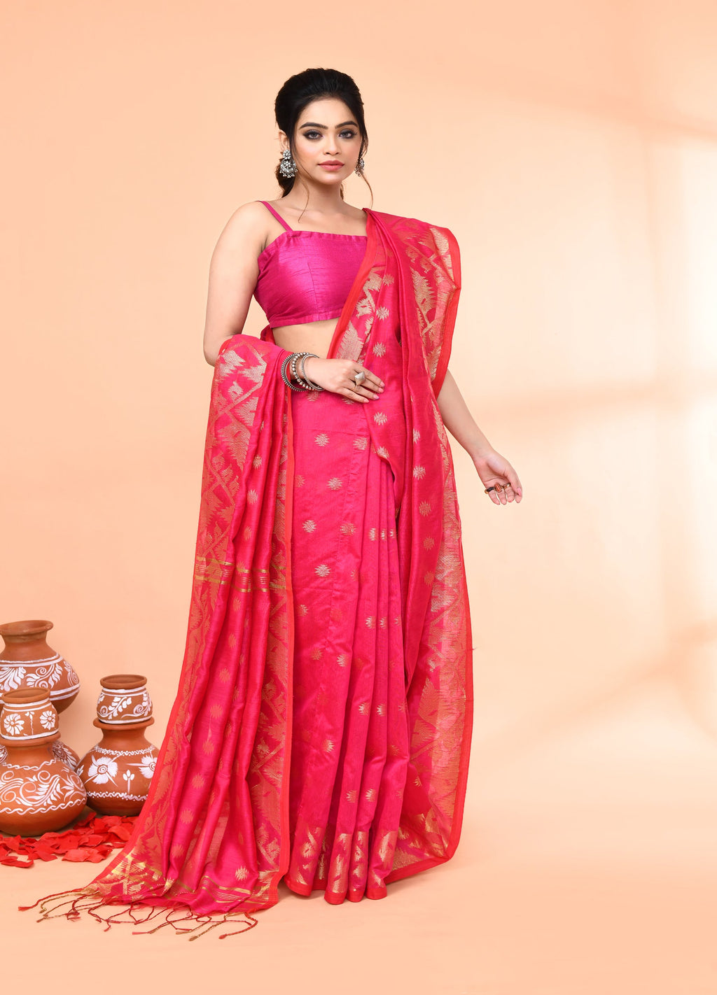 Piyari Fashion Women`s Cotton Blend Rani Handloom Saree With Blouse - Distacart
