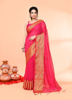 Piyari Fashion Women`s Cotton Blend Rani Handloom Saree With Blouse - Distacart