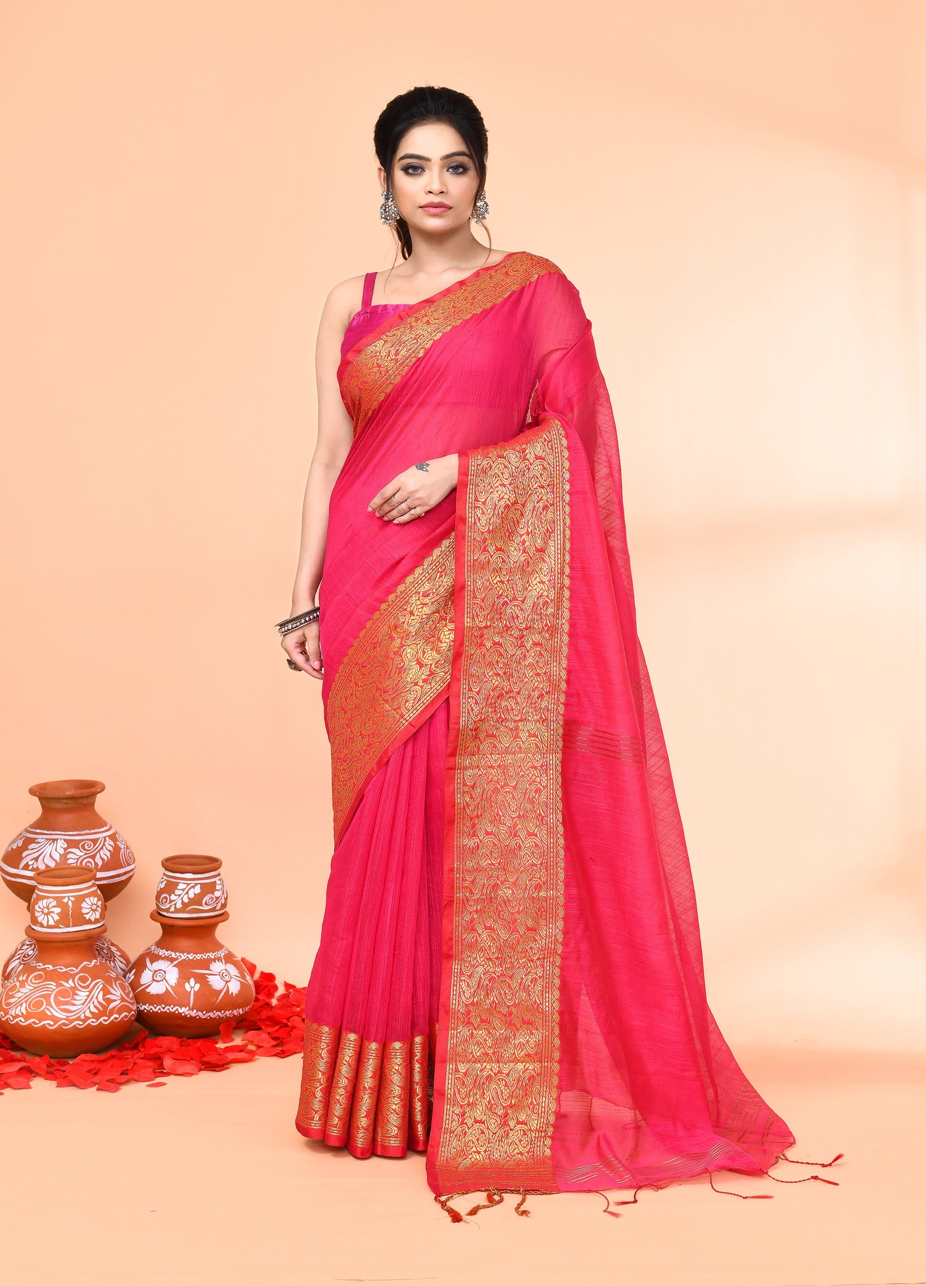 Piyari Fashion Women`s Cotton Blend Rani Handloom Saree With Blouse - Distacart