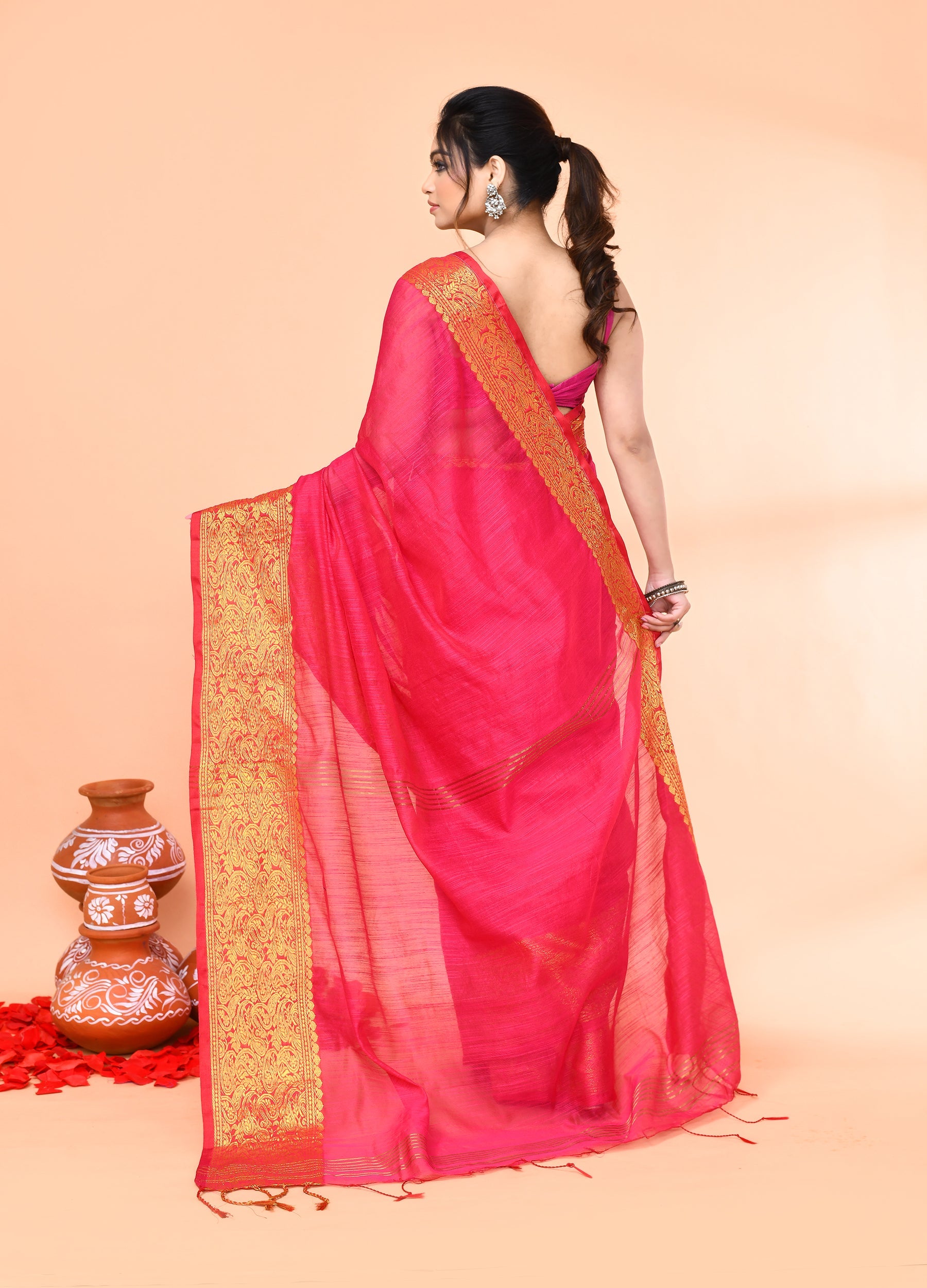 Piyari Fashion Women`s Cotton Blend Rani Handloom Saree With Blouse - Distacart