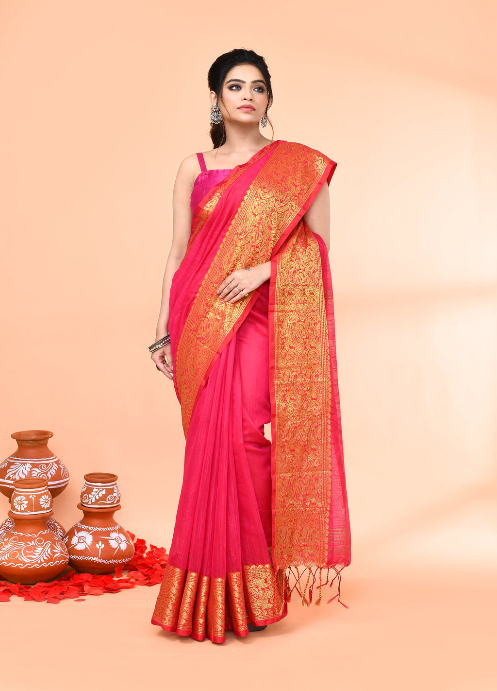 Piyari Fashion Women`s Cotton Blend Rani Handloom Saree With Blouse - Distacart
