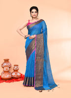 Piyari Fashion Women`s Cotton Blend Sky Blue Handloom Saree With Blouse - Distacart