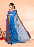 Piyari Fashion Women`s Cotton Blend Sky Blue Handloom Saree With Blouse - Distacart