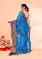 Piyari Fashion Women`s Cotton Blend Sky Blue Handloom Saree With Blouse - Distacart