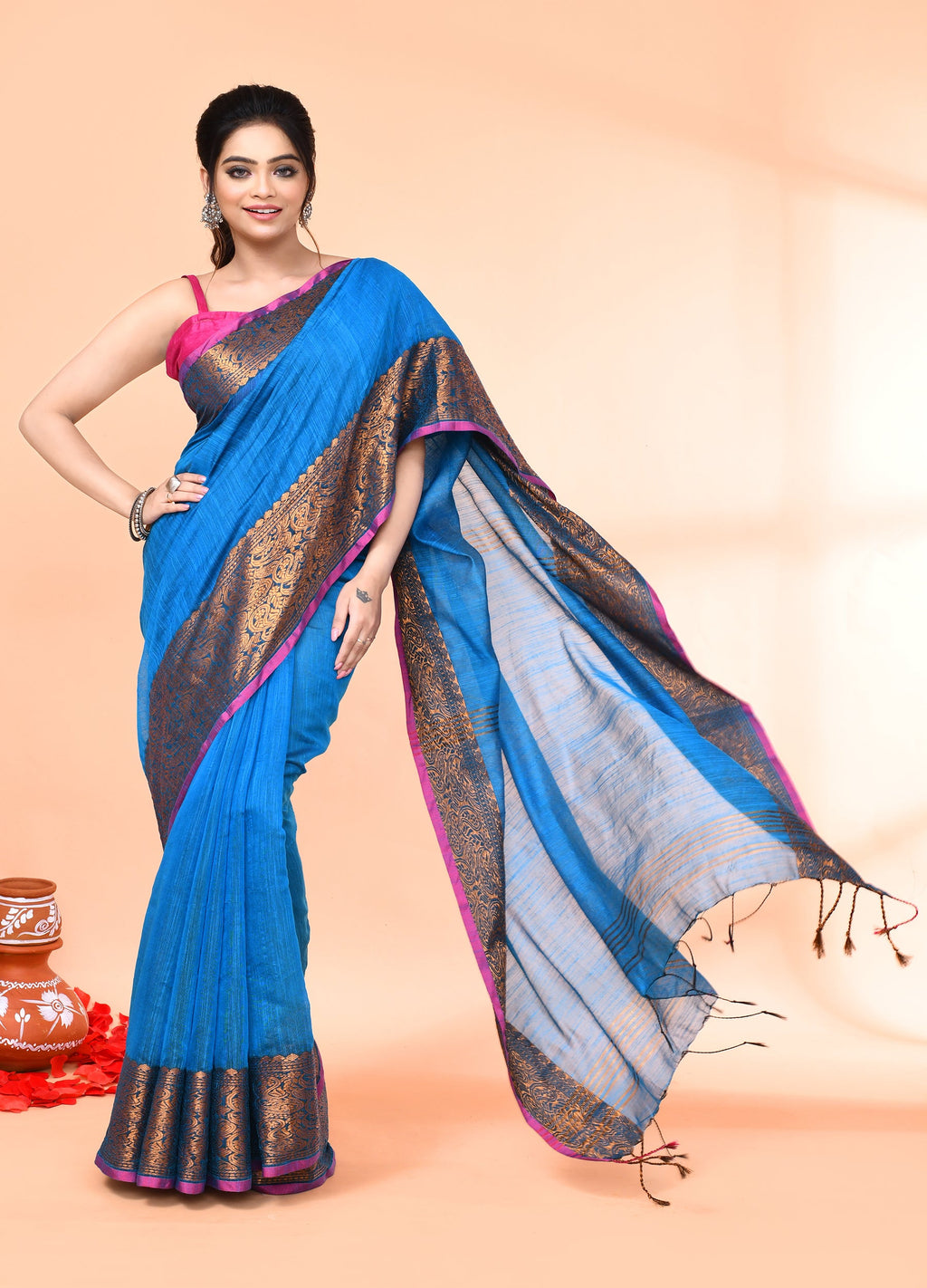 Piyari Fashion Women`s Cotton Blend Sky Blue Handloom Saree With Blouse - Distacart