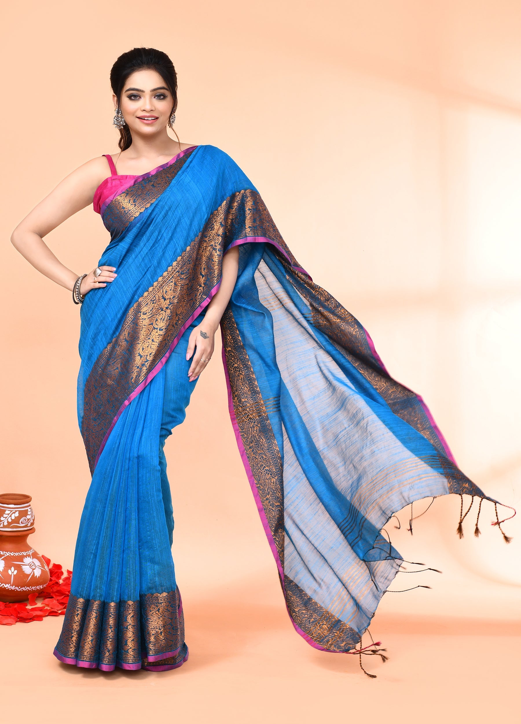 Piyari Fashion Women`s Cotton Blend Sky Blue Handloom Saree With Blouse - Distacart