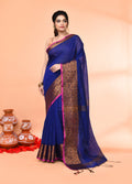 Piyari Fashion Women`s Cotton Blend Royel Blue Handloom Saree With Blouse - Distacart