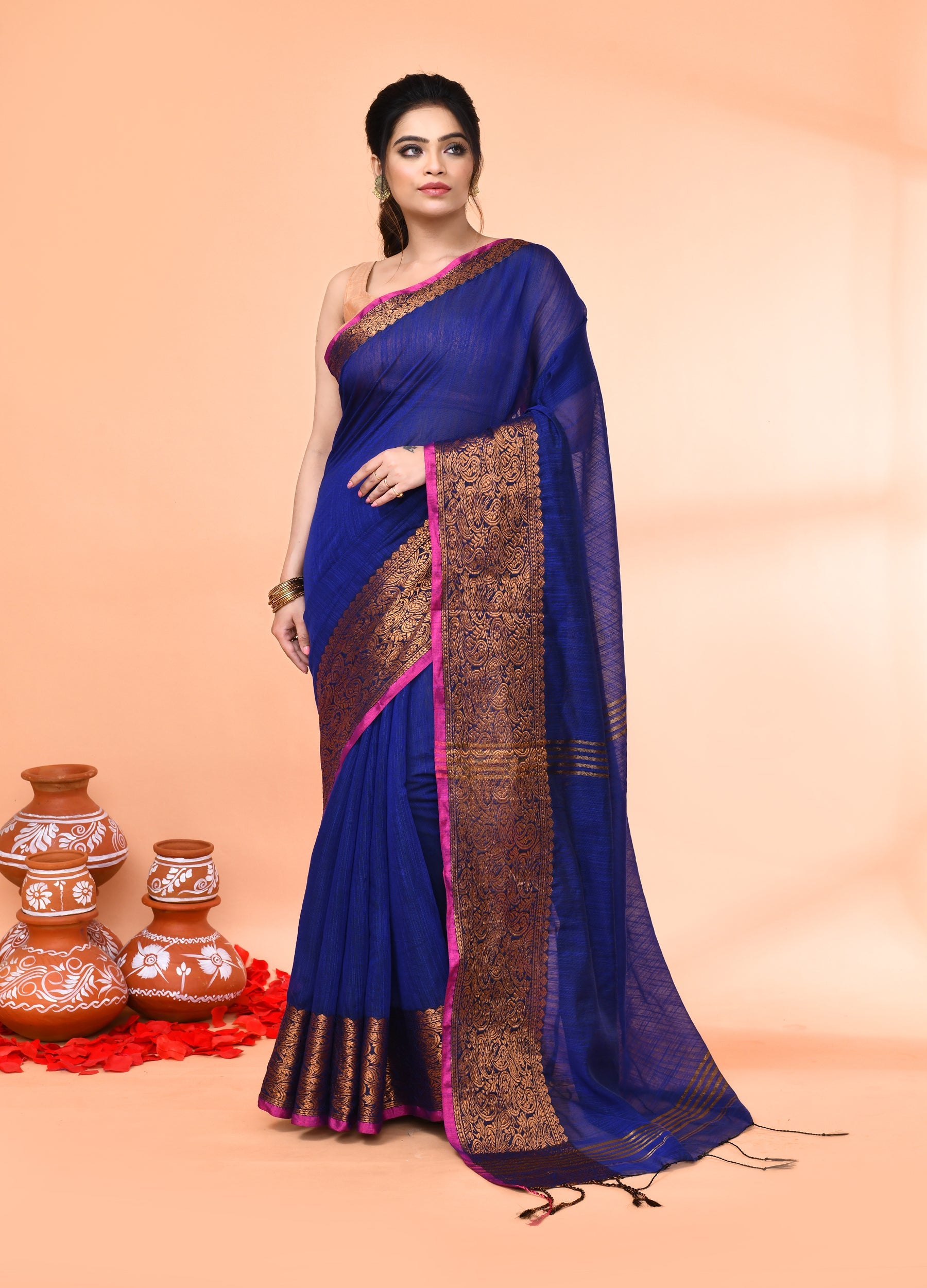 Piyari Fashion Women`s Cotton Blend Royel Blue Handloom Saree With Blouse - Distacart