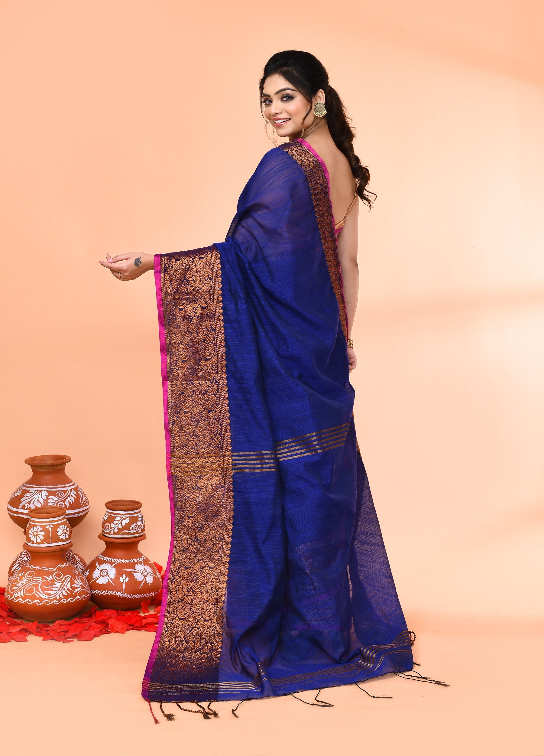 Piyari Fashion Women`s Cotton Blend Royel Blue Handloom Saree With Blouse - Distacart