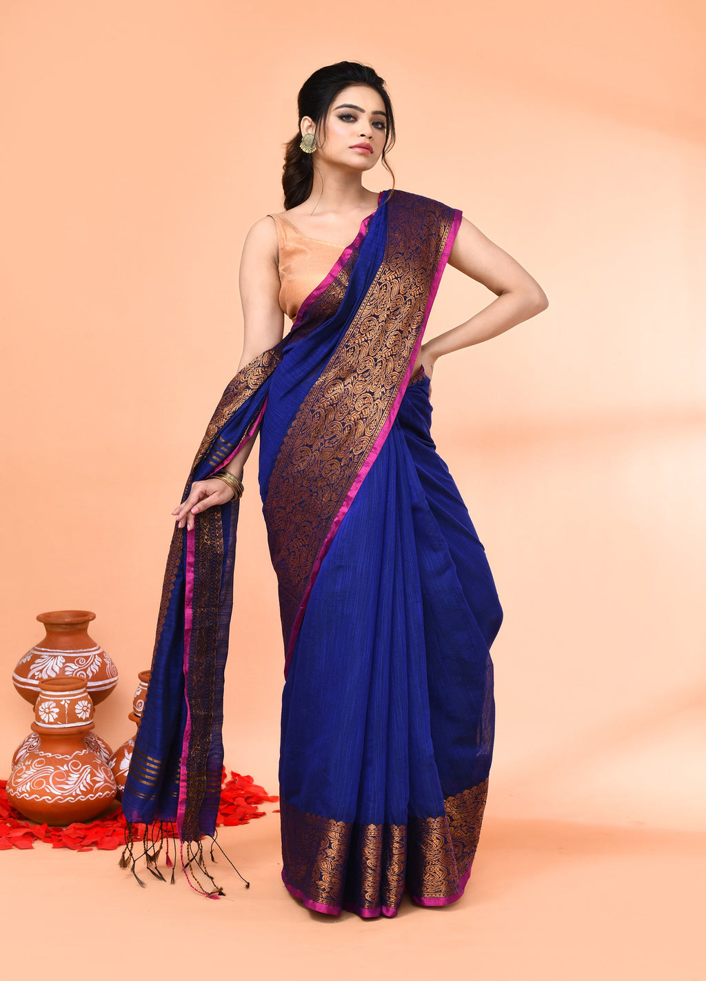Piyari Fashion Women`s Cotton Blend Royel Blue Handloom Saree With Blouse - Distacart