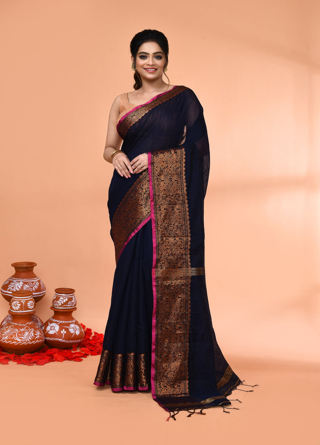 Piyari Fashion Women`s Cotton Blend Navy Blue Handloom Saree With Blouse - Distacart
