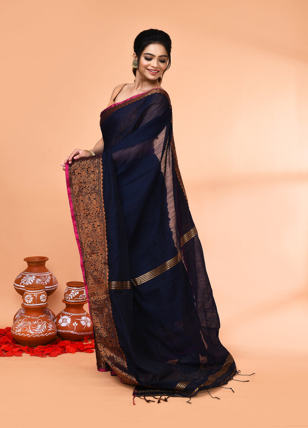 Piyari Fashion Women`s Cotton Blend Navy Blue Handloom Saree With Blouse - Distacart