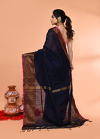 Piyari Fashion Women`s Cotton Blend Navy Blue Handloom Saree With Blouse - Distacart